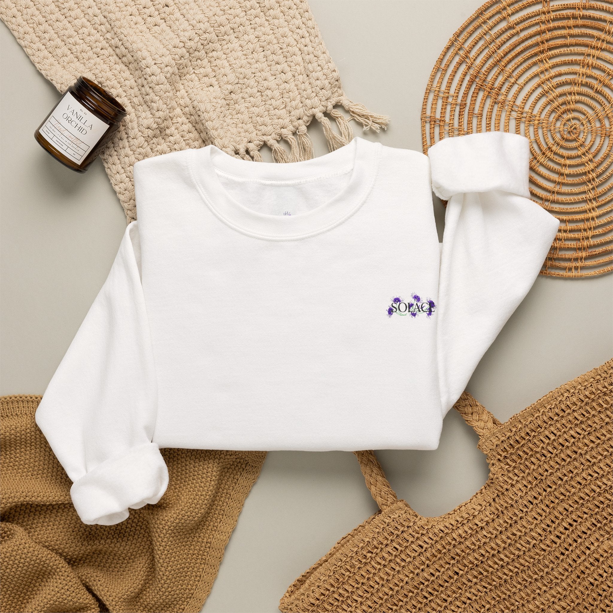 SOLACE- Violet Veil sweatshirt with “Acts 20:24” print in the right sleeve