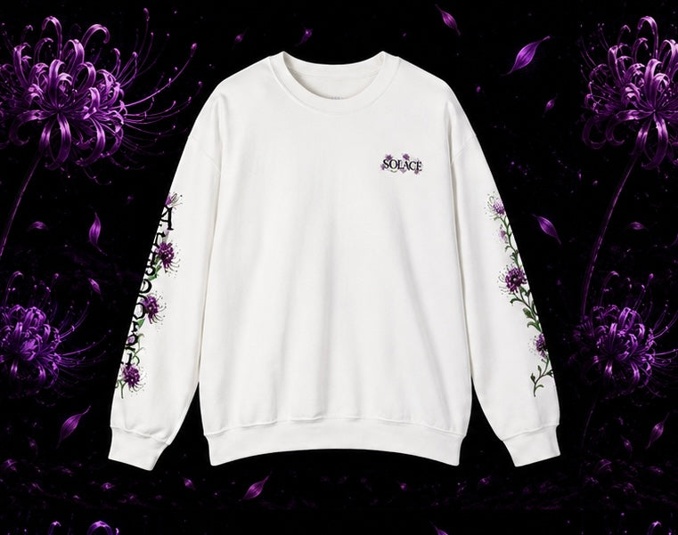 SOLACE- Violet Veil sweatshirt with “Acts 20:24” print in the right sleeve